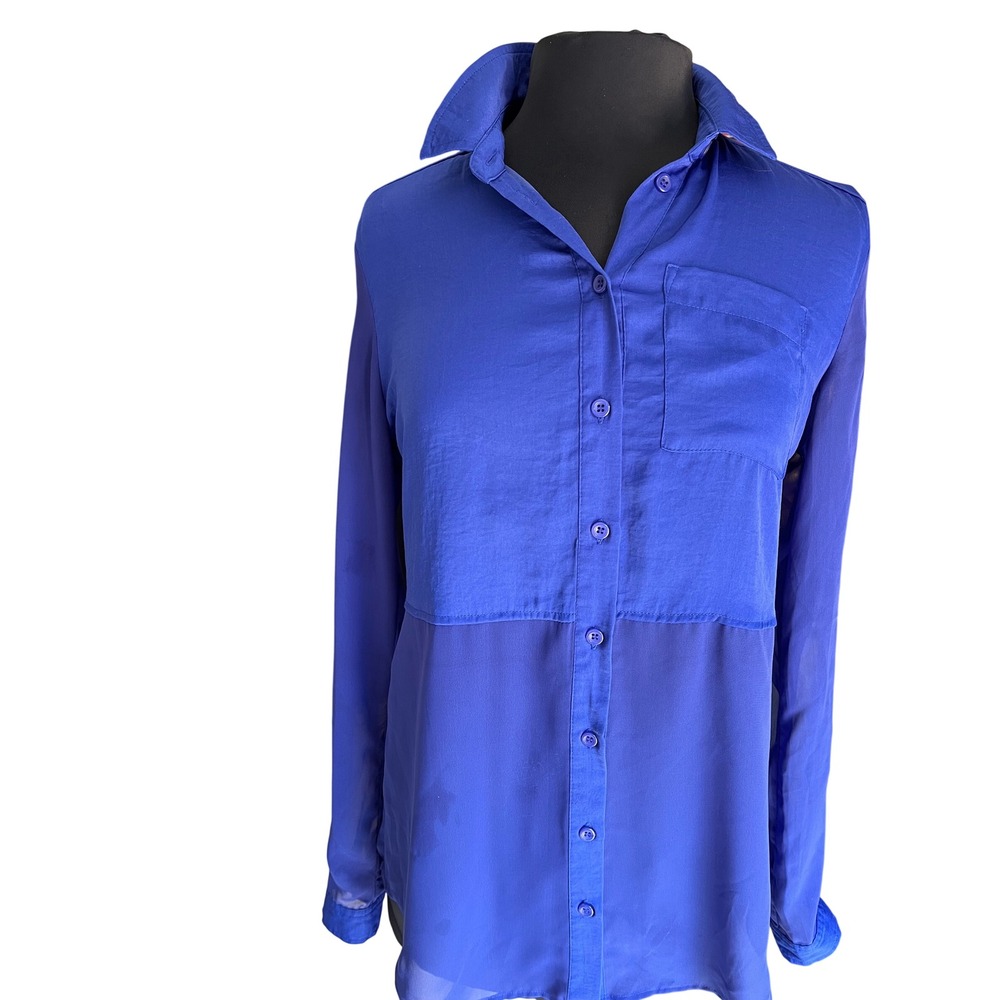 Free People Womens Royal Blue Mixed Media Chiffon Button Down Shirt Small